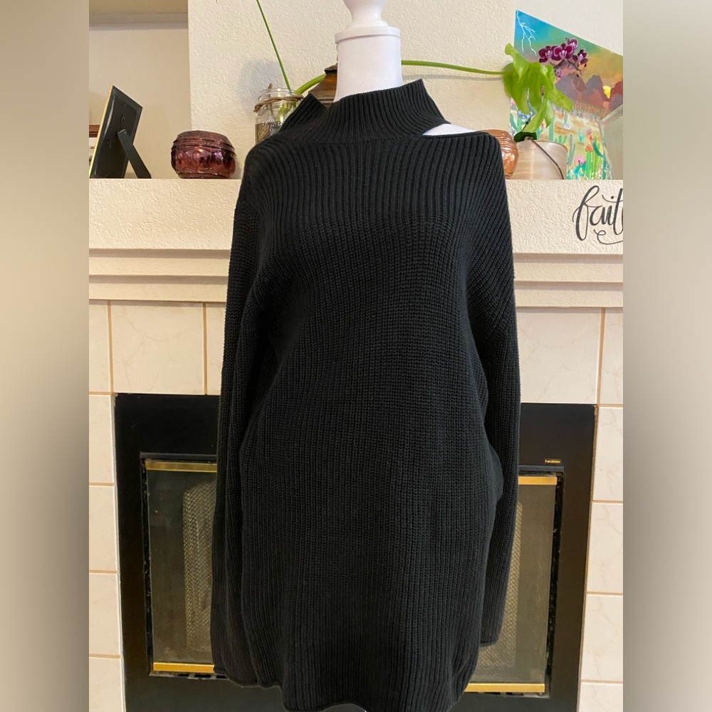 CARMAR Women’s Turtleneck, cold shoulder Long Cable knit Sweater, Black, Size S